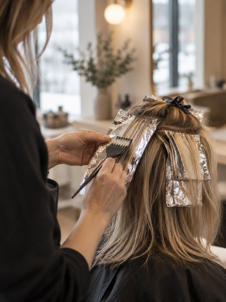 Folieslingor läggs i blont hår